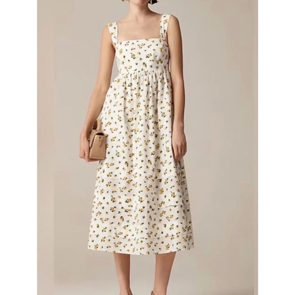 J.Crew Square neck midi dress budding rose print white cottage feminine size 2